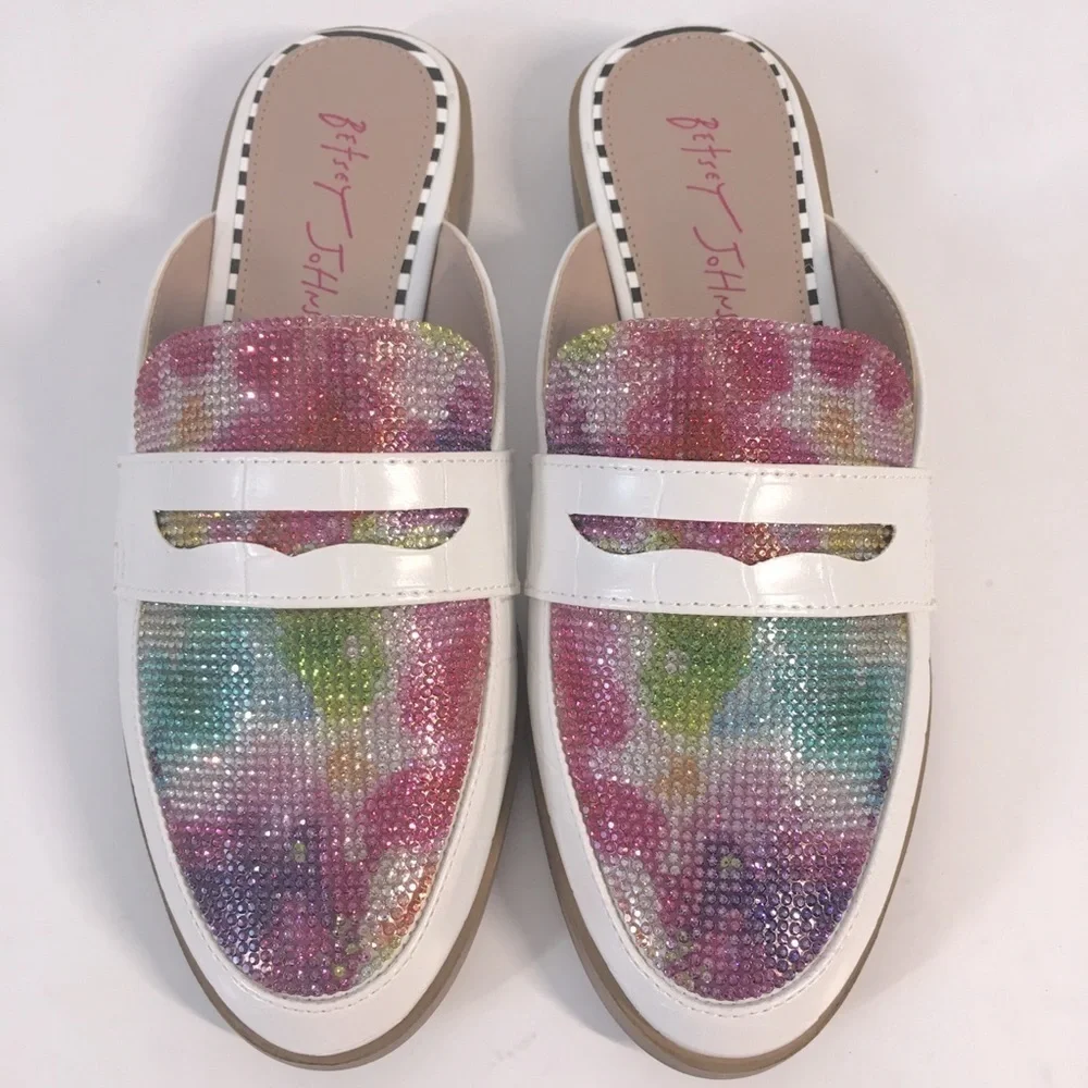 NEW Betsy Johnson Rainbow Rhinestone white loafer mule